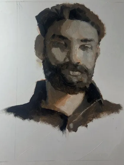 The nearly completed Grisaille portrait study. The goal is to create a fully rendered, three-dimensional image using only black, white, and grey tones.