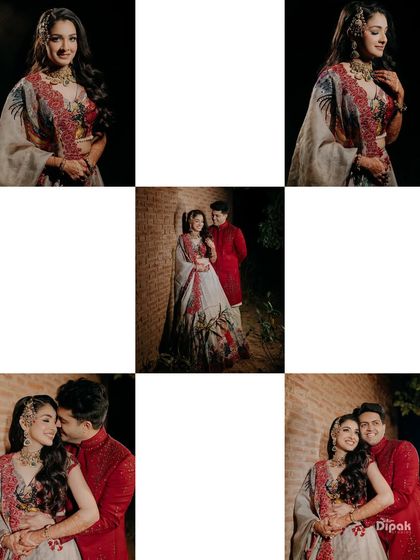 A collage of portraits from a Sangeet night, showcasing the couple's elegant outfits and the romantic mood of the evening.