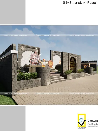 A wide-angle view of the proposed ShivSmarak. This render shows the layered design with steps, platforms, and bastion-like walls, creating a dynamic and immersive public space.