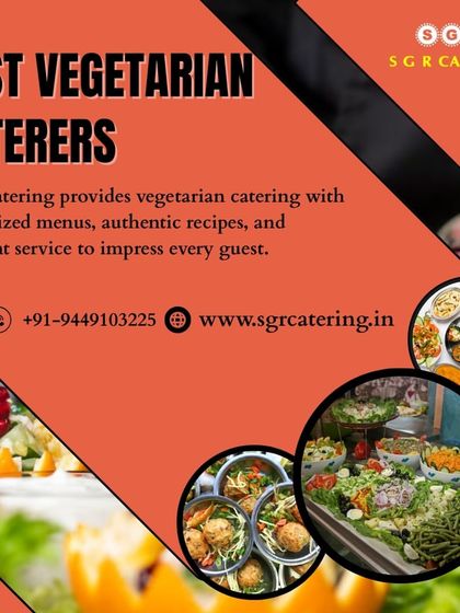 We provide vegetarian catering with customized menus, authentic recipes, and excellent service. This collage shows a variety of fresh salads and buffet items, highlighting our healthy options.