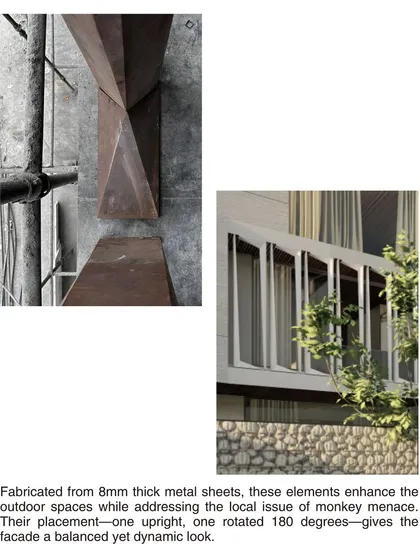 Fabricated from 8mm thick metal sheets, these screens are placed in a rhythmic pattern of upright and rotated elements. This arrangement gives the facade a balanced yet dynamic look while addressing the local issue of monkey menace.
