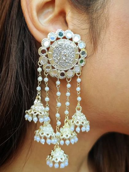 A model shot of the Eid special golden pearl jhumka, showing how it beautifully frames the face.