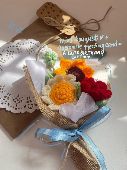 A mini crochet bouquet plus a custom greeting card equals a cute birthday gift! This set is perfect for showing someone you care.