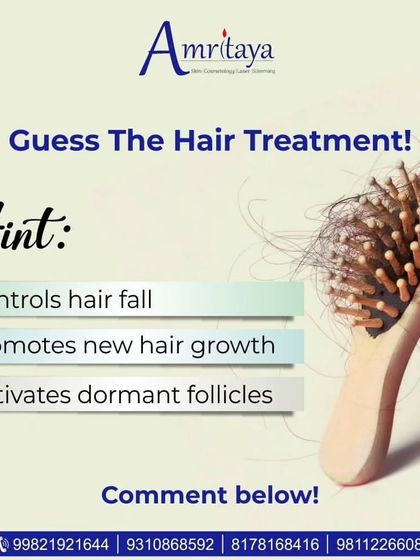 Can you guess the treatment? This interactive post gives you hints like "Controls hair fall" and "Activates dormant follicles" to highlight the powerful benefits of our hair restoration therapies like PRP.