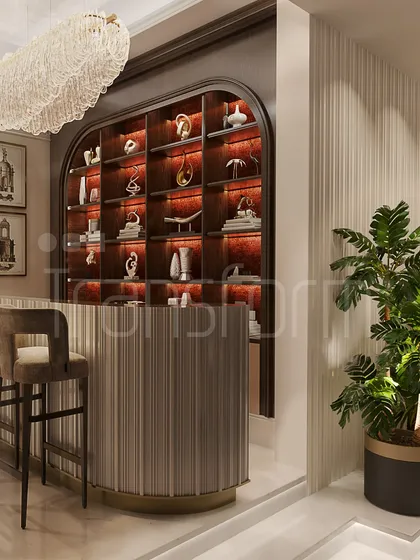 A wider view of the bar and its surrounding space, showing how it integrates seamlessly into the home's overall design while maintaining its own distinct character.