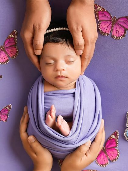 A newborn sleeps peacefully, wrapped in lavender and surrounded by butterflies. This artistic and colorful setup, framed by her parents' hands, creates a magical and delicate portrait.