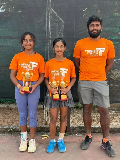 Teamwork makes the dream work. Coach with doubles partners Eshal Pathan and Aishwarya Swaminathan after they won the Doubles event at the AITA Championship Series in Nagpur.