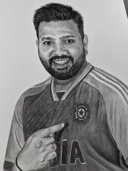A portrait of Indian cricket champion Rohit Sharma, pointing to the team logo with pride. A perfect piece for any cricket fan.
