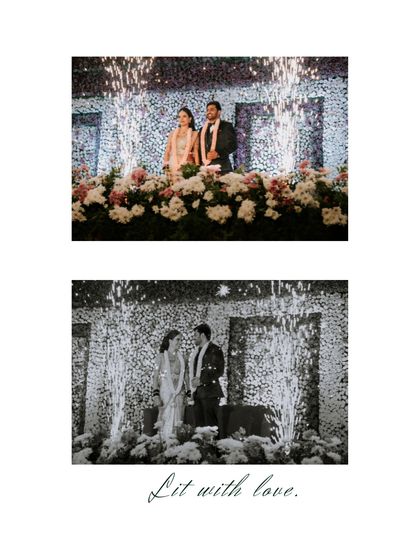 "Lit with love." A spectacular reception stage moment with fireworks. We capture these grand, celebratory moments in both vibrant color and timeless black and white.