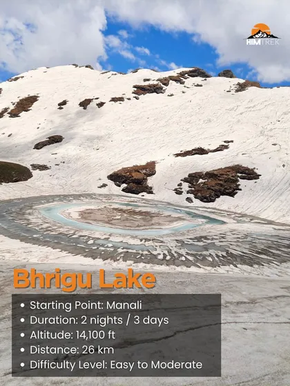An info card for the Bhrigu Lake trek, a 3-day, 26 km journey with an easy to moderate difficulty level.