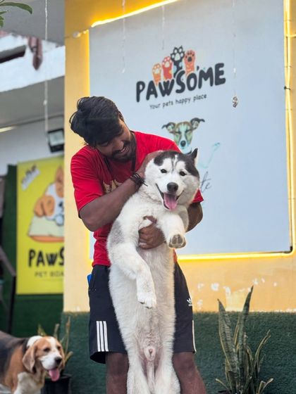 Happy boarding kiddos. This beautiful Husky is getting a big hug in front of our Pawsome sign.
