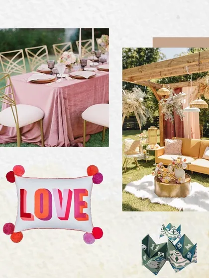 Further developing the 'Sunny Sway Soirée' theme with a focus on textures and playful elements, like the 'LOVE' cushion and relaxed, low seating arrangements.