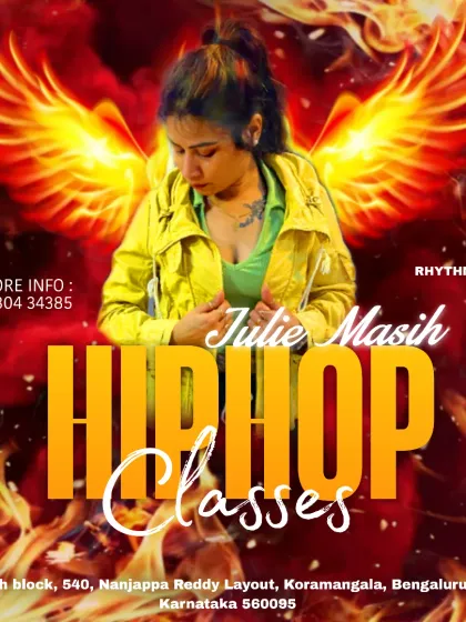 Instructor Julie Masih leads our Hip Hop classes with fiery energy. This poster gives you the contact information to find out more and register for a class.