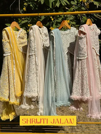 Here is a closer look at my mirror work lehenga sets, available in four beautiful pastel shades. You can see the intricate detailing and the delicate tassels that I add to make each piece unique and special.