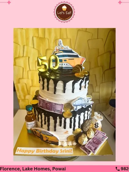 This two-tiered 50th birthday cake was designed for someone who enjoys the finer things in life. It features a money theme with edible currency, a luxury car, and a yacht, showcasing my skill in creating highly personalized and detailed celebration cakes.
