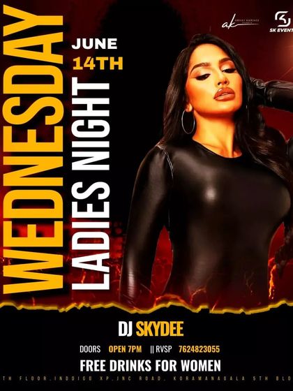 A bold poster for a Wednesday Ladies' Night, promising a great time with free drinks for women.