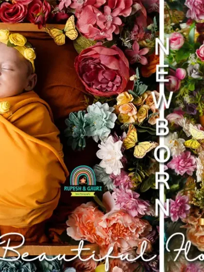 A collage showcasing a newborn wrapped in a vibrant yellow swaddle, nestled in a beautiful floral arrangement. This demonstrates how we use color and texture to create stunning portraits.