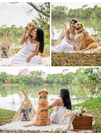 A collage of beautiful moments from an outdoor Mother's Day session by a lake. The images capture the idyllic setting and the sweet bond between a dog mom and her Golden Retriever.