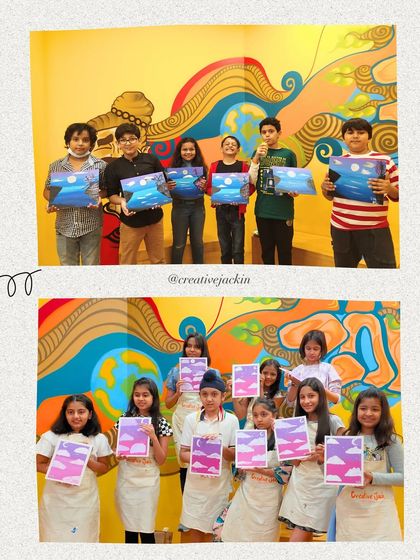 Two groups of young adults and teens proudly show off the paintings they created in one of my classes, proving that art is for everyone.