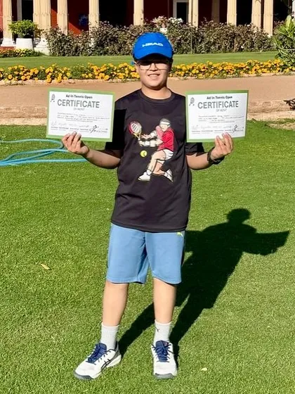 Viraaj Sharma proudly displaying his certificates for 3rd place and 'most promising player' at the Ad in Tennis open. A wonderful and motivating start for him at our Meerut Center.