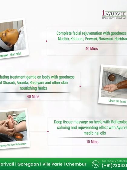 Our skin treatments are holistic. This shows a combination of Varnyam (the facial), Ubtan (a full-body exfoliating scrub with nourishing herbs), and Padabhyang (foot reflexology) for complete rejuvenation and detoxification through the skin.