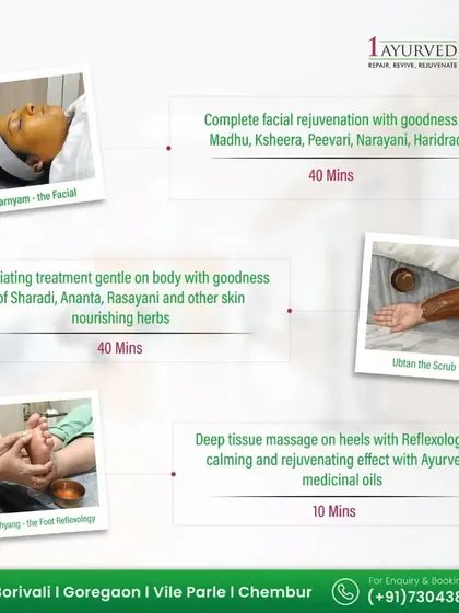 We offer comprehensive rejuvenation packages that combine multiple therapies for a holistic effect. This package includes an Ayurvedic facial, an exfoliating Ubtan scrub, and a calming foot reflexology session, designed to nourish the skin and relax the entire body.