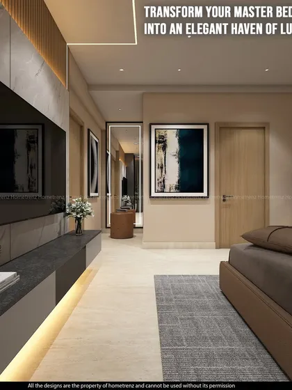 I can transform your master bedroom into an elegant haven of luxury. This long, spacious room features a dedicated TV and media zone, with warm wood tones and soft lighting creating a relaxing atmosphere.