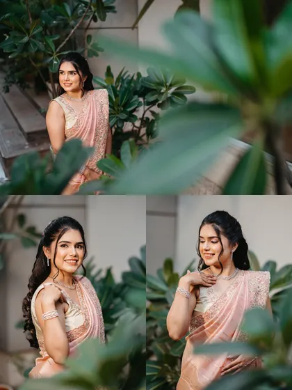 More stunning portraits of Rasika, showcasing her grace and the beautiful details of her engagement look amidst a natural, green backdrop.