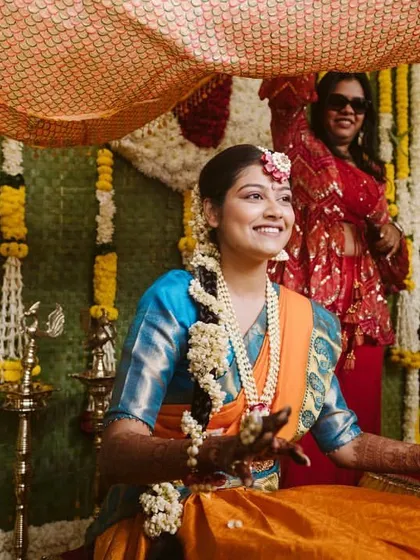 The bride's radiant smile during her Haldi ceremony. Creating a happy, stress-free environment for the bride is my top priority.