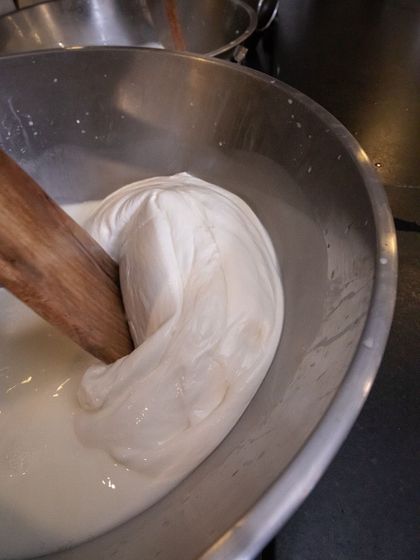 The cheese begins to form a smooth, pliable mass as it's stretched. This is the magic moment when it transforms into the mozzarella we all love.
