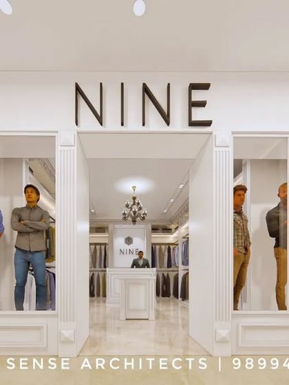 The facade concept for a modern menswear store named 'NINE'. We designed a clean, symmetrical entrance with large display windows to showcase the clothing and a bold, minimalist logo to attract customers.