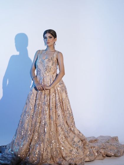 Another shot of the beautiful peach gown. The braided headband adds a modern, chic touch.