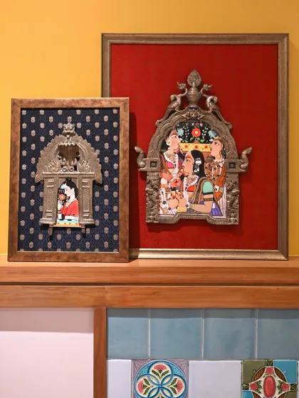 A set of two framed Prabhavalis created for a client who wanted a contemporary, conversational feel. I used digitally recreated Rajput miniature paintings and framed them against rich Banarasi silk fabrics.