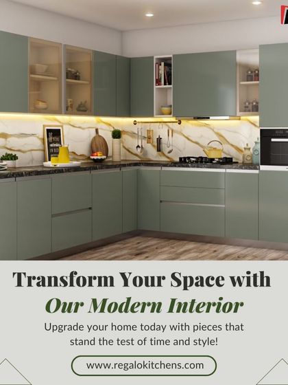 We transformed this space with a modern L-shaped kitchen in a calming sage green. The marble-patterned backsplash adds a touch of luxury, while the layout maximizes storage and counter space, complete with an integrated oven.