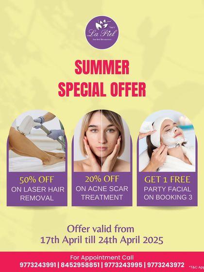 This graphic details one of our past summer promotions. We offered 50% off on laser hair removal and 20% off on acne scar treatments, helping our patients achieve smooth, clear skin for the summer.