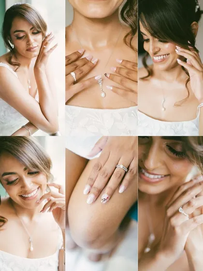 A beautiful collage focusing on the bride's delicate jewelry and radiant smile. These close-up shots capture the fine details and her happiness.