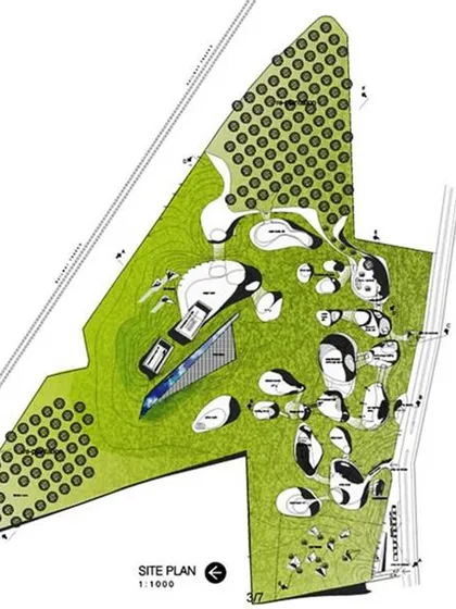 The site plan for the Bhopal Memorial competition entry shows how the design creates a journey through a landscape of scars and clearings, moving from pain to solace.