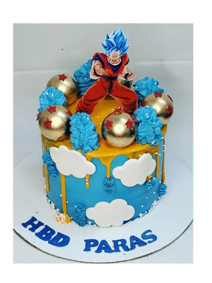Power up with this Dragon Ball Z themed cake. It's an eggless black forest cake with a golden drip, topped with the iconic characters and dragon balls for a super celebration.