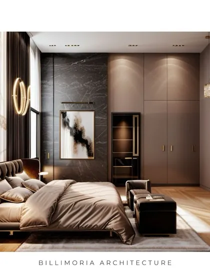 For this master bedroom, we embraced a bold and luxurious black and brown color scheme. The design features a floor-to-ceiling marble accent wall, custom integrated wardrobes, and layered lighting with modern fixtures to create a space that feels both grand and intimately comfortable.