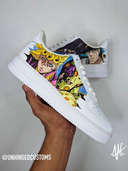 A full view of the Jojo's Bizarre Adventure custom Air Force 1, featuring Giorno Giovanna and his Stand, Gold Experience, on one shoe. The vibrant colors are true to the anime's unique style.