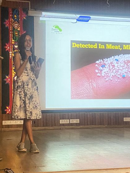 Our facilitator, Sargam, explains the hidden danger of microplastics. We show students how tiny plastic particles from everyday items can end up in our food, milk, and water, emphasizing the importance of a plastic-free lifestyle.