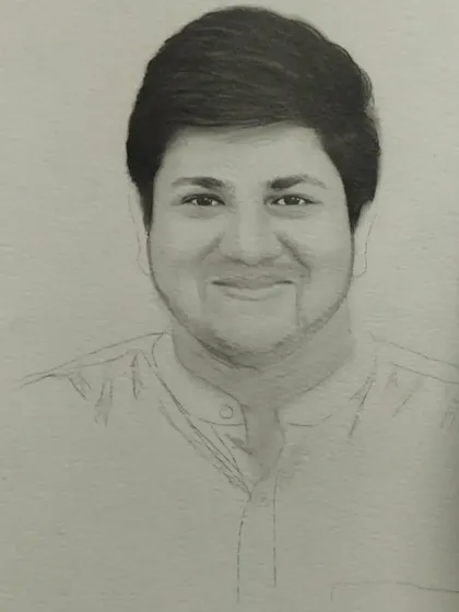 A progress shot of the man's portrait. The face is mostly shaded, but the outline of his shirt is still visible, showing the structure underneath the final drawing.