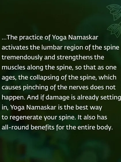 The practice of Yoga Namaskar activates the lumbar region, strengthens the muscles along the spine, and can even help regenerate the spine if damage is setting in.