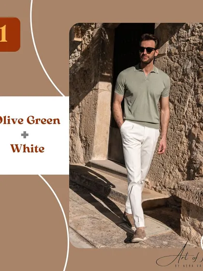 The first winning color combo for men is olive green and white. It's a fresh, versatile, and effortlessly cool pairing that screams modern sophistication.