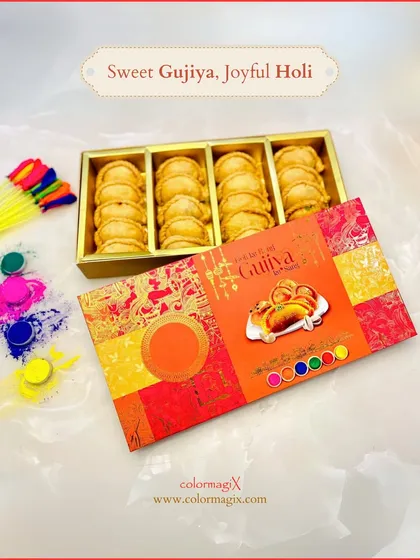 Sweet Gujiya for a joyful Holi. This elegantly designed box is filled with rows of perfectly crafted gujiyas, a traditional sweet that is essential for any Holi celebration.