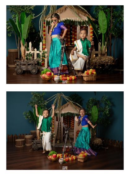 Siblings having fun and posing with attitude in their traditional Pongal outfits.