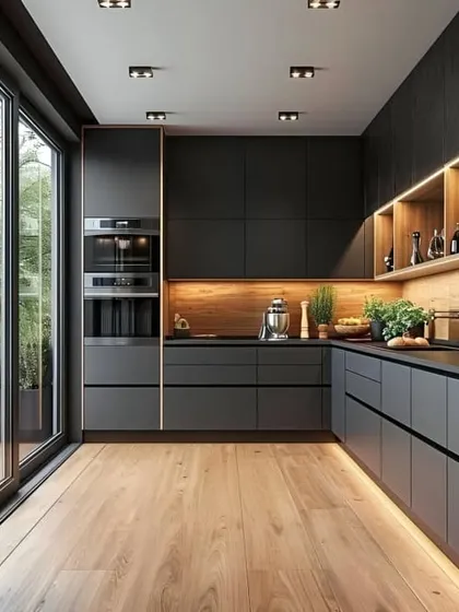 This kitchen showcases a modern, minimalist aesthetic with matte black handleless cabinets and warm wood accents. The layout maximizes space and flow, while strategic under-cabinet and open-shelf lighting adds depth and highlights the clean lines.