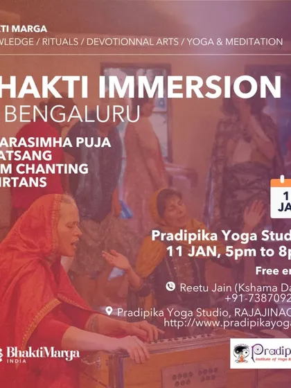 Announcing a Bhakti Immersion event featuring Narasimha Puja, satsang, OM Chanting, and kirtans. These events offer a complete experience in devotional practices.