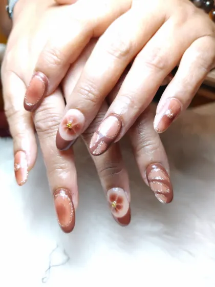 Another angle of this unique brown floral set, showing the detail in the hand-painted art and the subtle shimmer of the cat-eye polish.