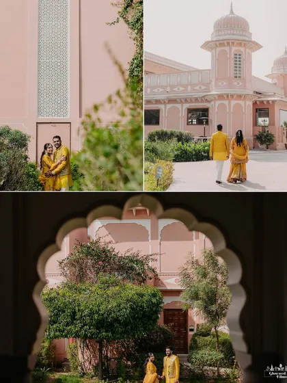 The couple poses against the beautiful pink architecture of their Jaipur resort, their yellow outfits creating a stunning contrast.